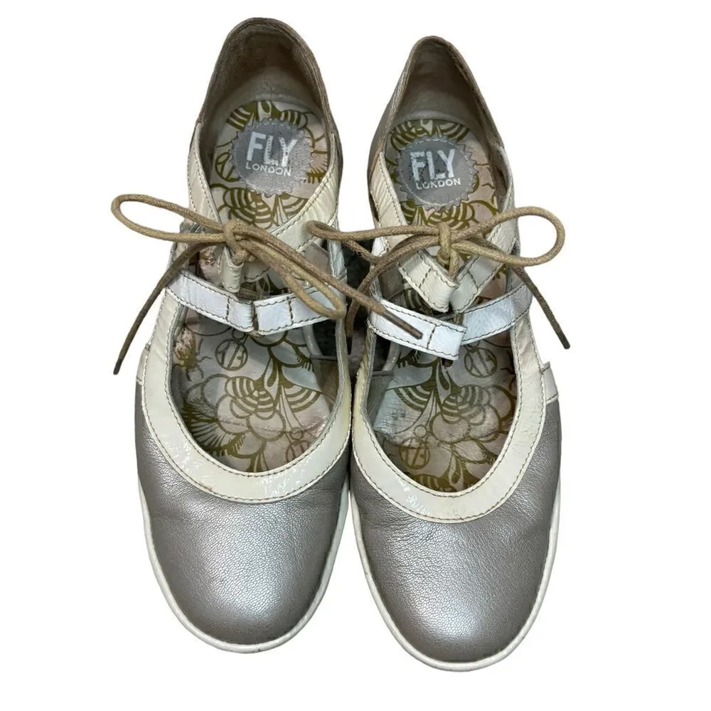 Fly London Yett Platform Heels Womens 8 Silver White Leather Chunky Wedge Shoes